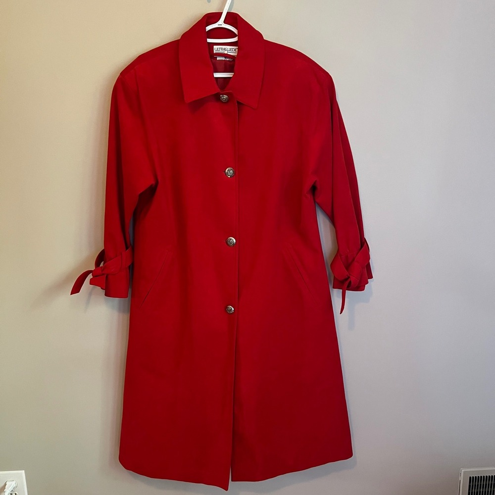 Vintage Ultrasuede Red Trench Coat Button Front Tie Cuff Made USA Women L